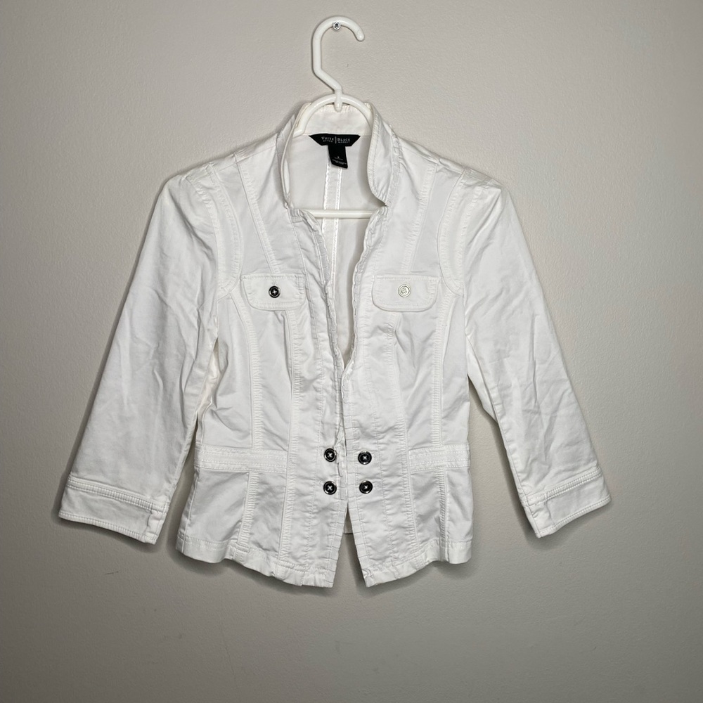 White house black Market women’s blazer jacket ruffle trim cardigan white size 2